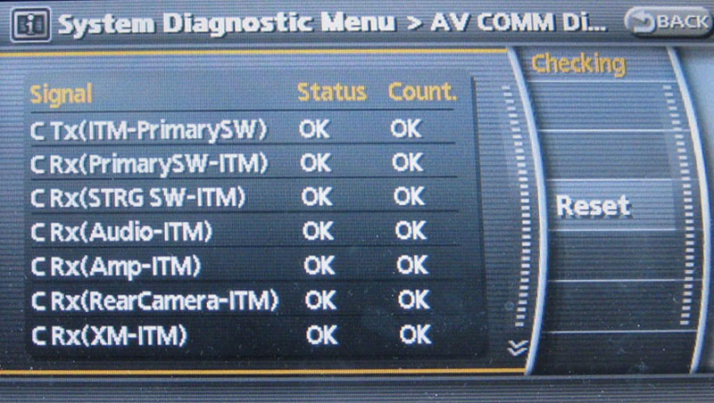 Infiniti Audio Video Diagnostic System Display
